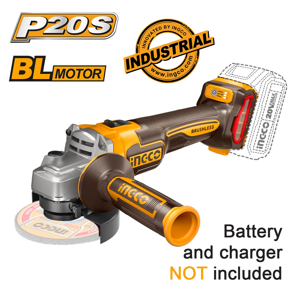 ΤΡΟΧΟΣ ΓΩΝΙΑΚΟΣ 115MM ΜΠΑΤΑΡΙΑΣ BRUSHLESS ΜΕ ΡΥΘΜΙΣΗ ΣΤΡΟΦΩΝ 20V SOLO INGCO CAGLI21154