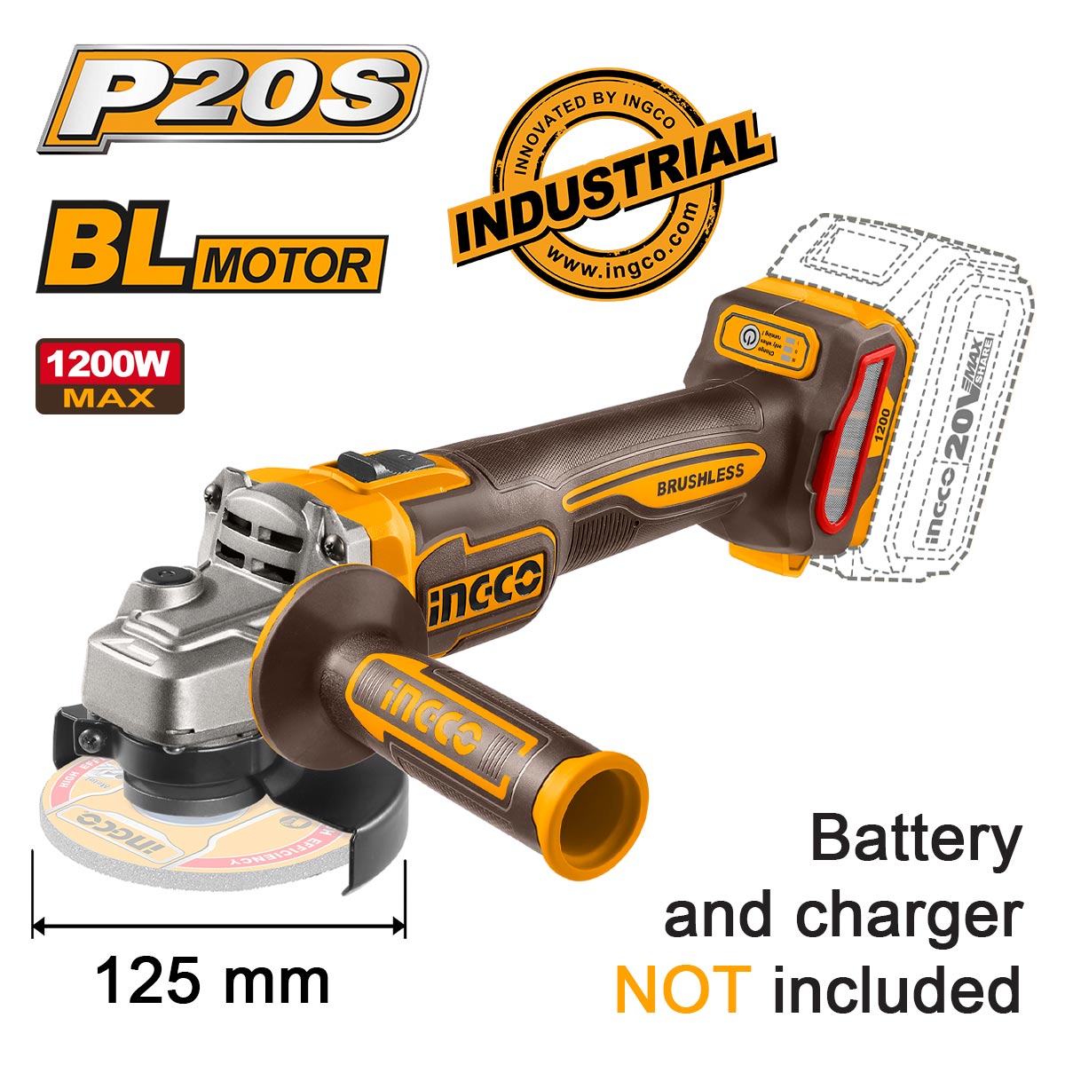 ΓΩΝΙΑΚΟΣ ΤΡΟΧΟΣ ΜΠΑΤΑΡΙΑΣ 125MM 20V LI-ION SOLO INGCO CAGLI221253E