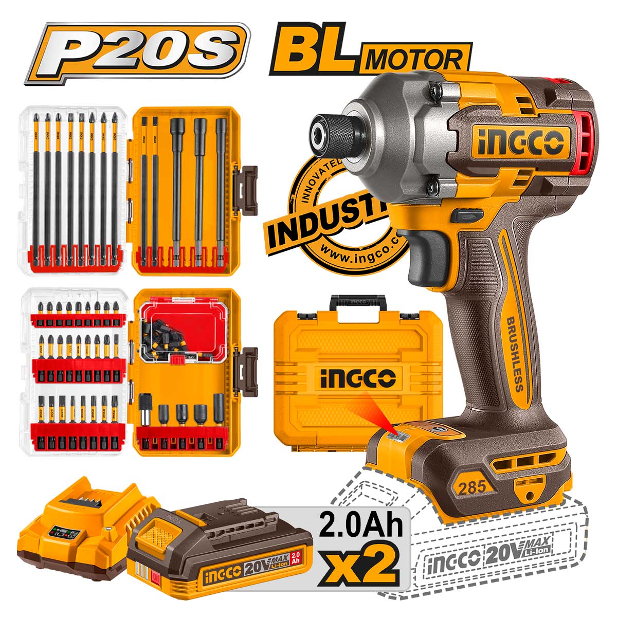ΚΑΤΣΑΒΙΔΙ ΠΑΛΜΙΚΟ ΜΠΑΤΑΡΙΑΣ 20V LI-ION 285NM 2X2AH & 2 ΣΕΤ ΜΎΤΕΣ IMPACT INGCO COSLI250784E