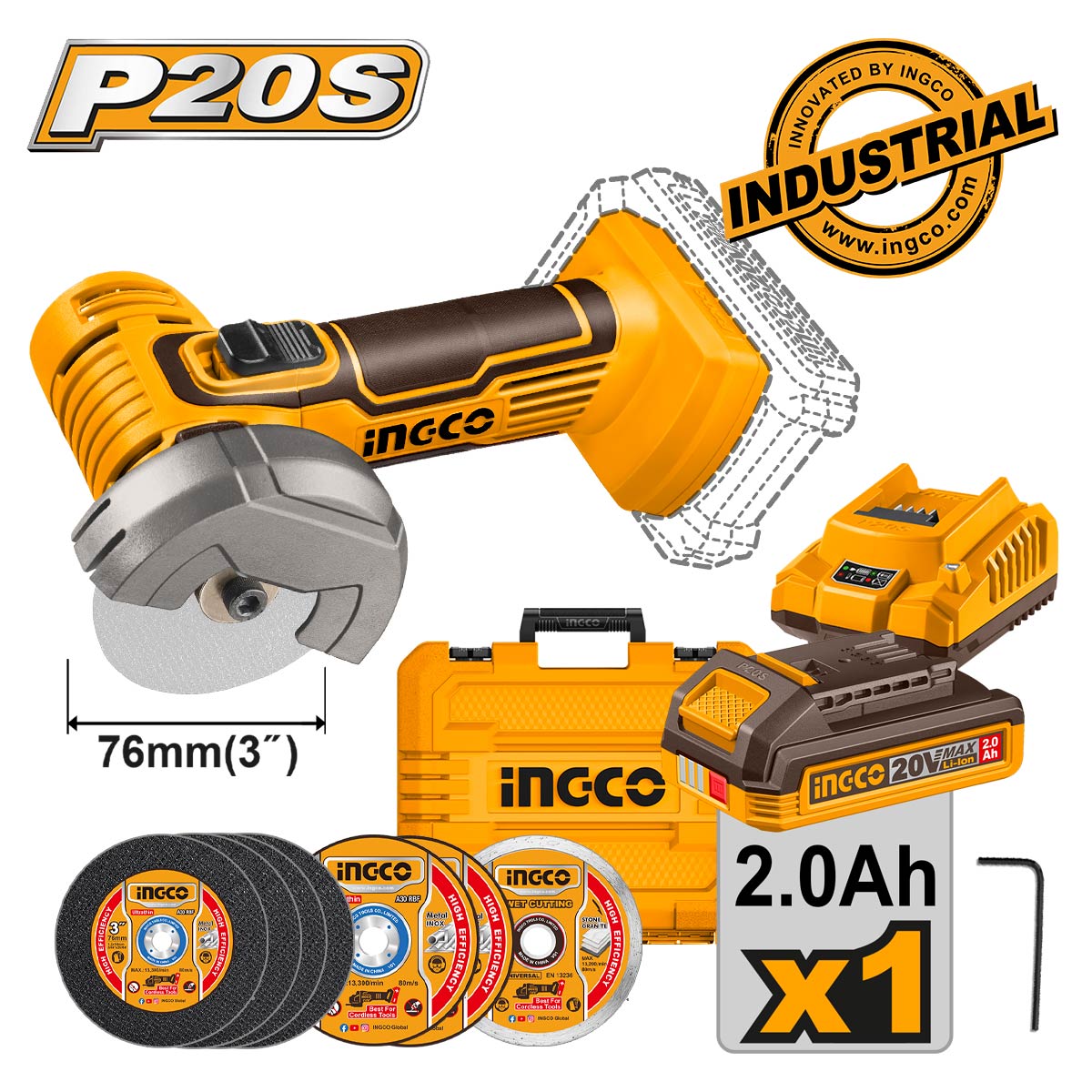ΤΡΟΧΟΣ ΚΟΠΗΣ ΜΙΝΙ ΜΠΑΤΑΡΙΑΣ 76MM 20V LI-ION 1X 2AH INGCO CAGLI76012E